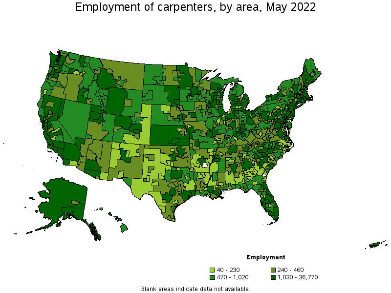 Map of employment of carpenters by area, May 2022