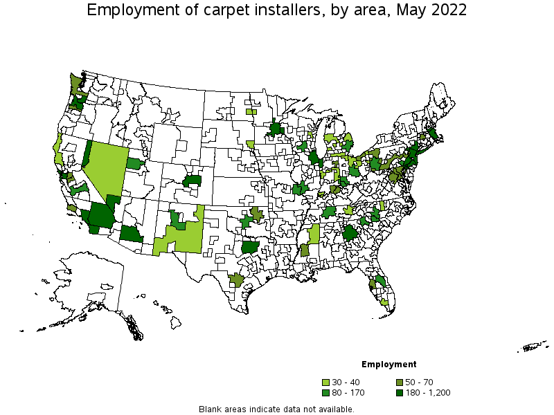 Map of employment of carpet installers by area, May 2022