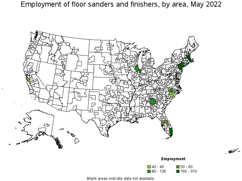 Map of employment of floor sanders and finishers by area, May 2022