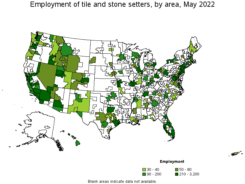 Map of employment of tile and stone setters by area, May 2022