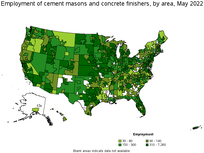 Map of employment of cement masons and concrete finishers by area, May 2022