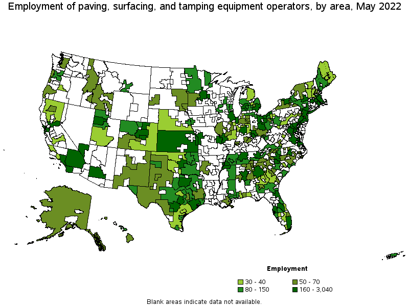 Map of employment of paving, surfacing, and tamping equipment operators by area, May 2022