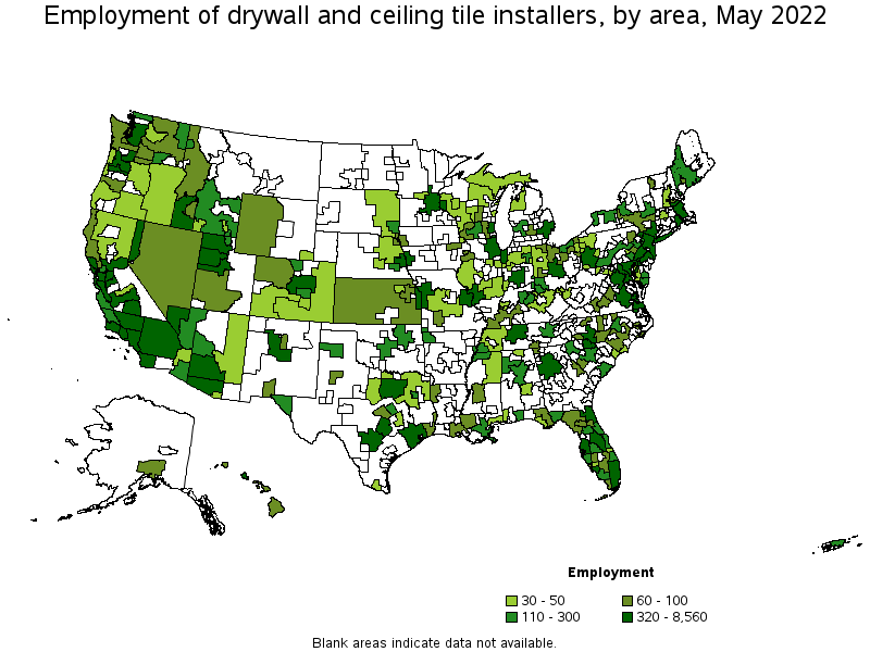 Map of employment of drywall and ceiling tile installers by area, May 2022