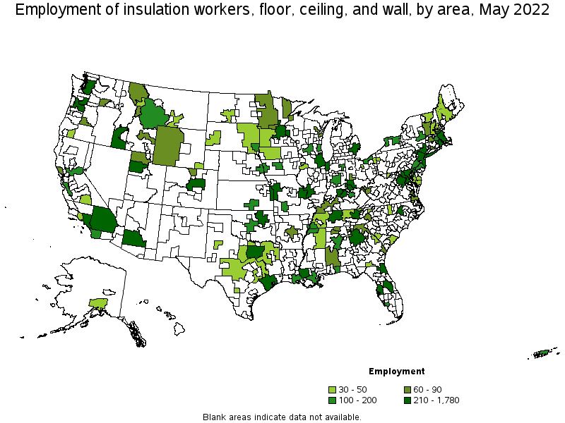 Map of employment of insulation workers, floor, ceiling, and wall by area, May 2022