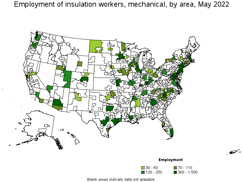 Map of employment of insulation workers, mechanical by area, May 2022