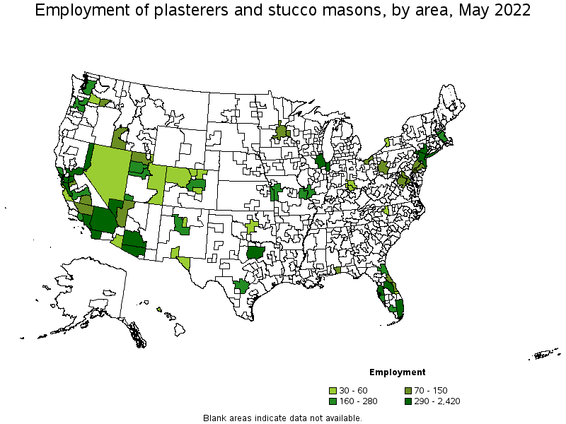 Map of employment of plasterers and stucco masons by area, May 2022