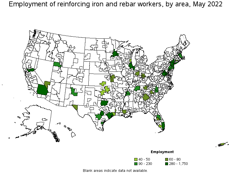 Map of employment of reinforcing iron and rebar workers by area, May 2022