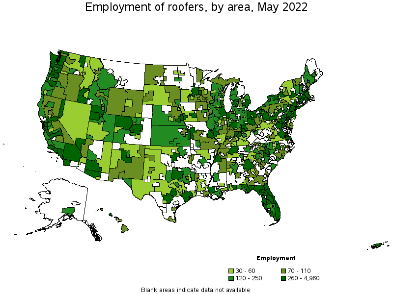 Map of employment of roofers by area, May 2022