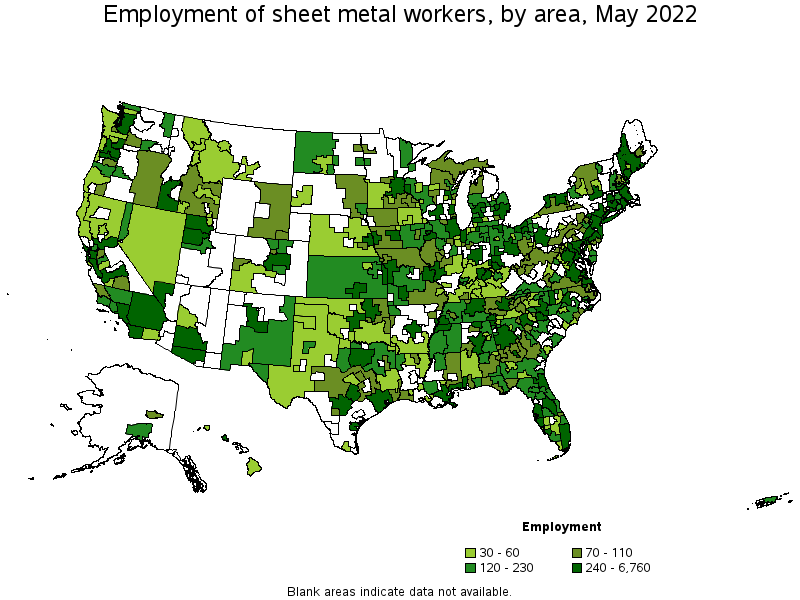 Map of employment of sheet metal workers by area, May 2022