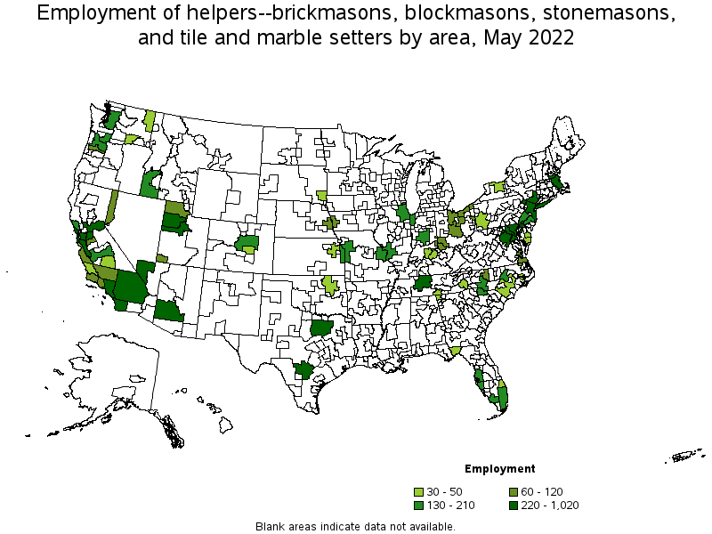 Map of employment of helpers--brickmasons, blockmasons, stonemasons, and tile and marble setters by area, May 2022