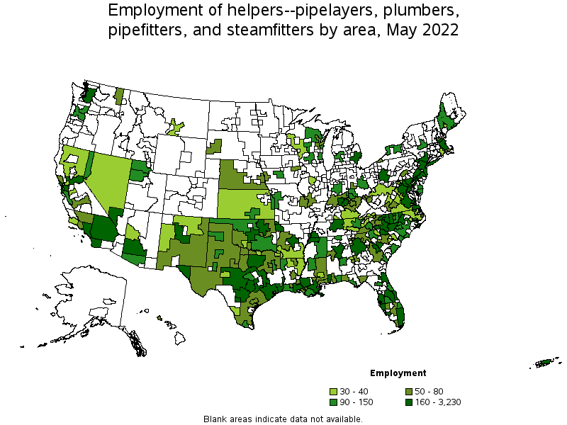 Map of employment of helpers--pipelayers, plumbers, pipefitters, and steamfitters by area, May 2022