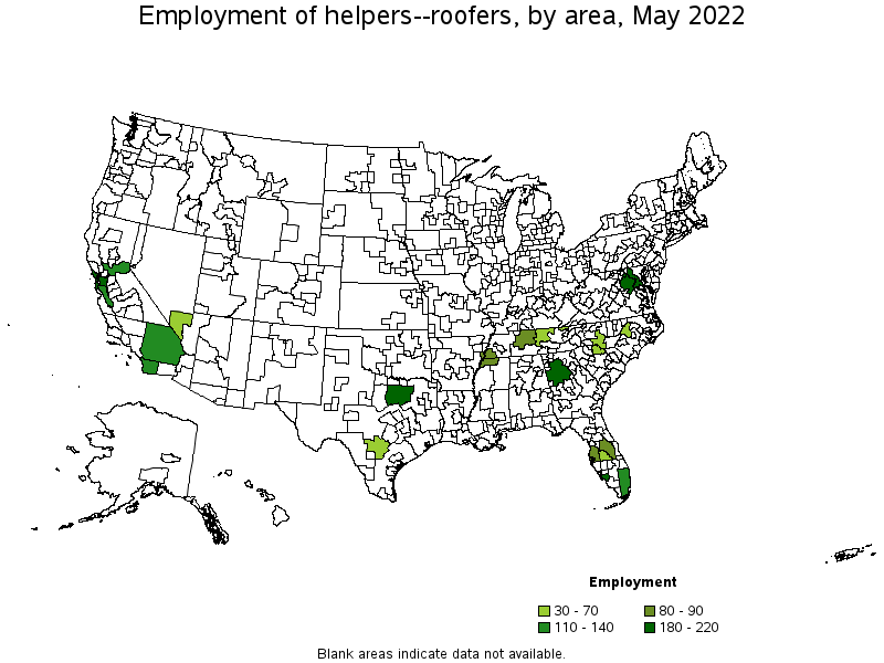 Map of employment of helpers--roofers by area, May 2022