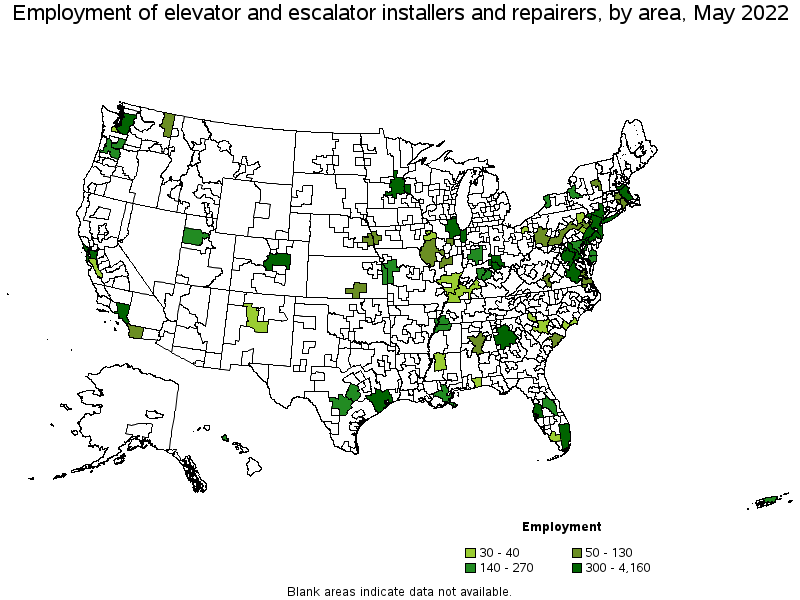 Map of employment of elevator and escalator installers and repairers by area, May 2022