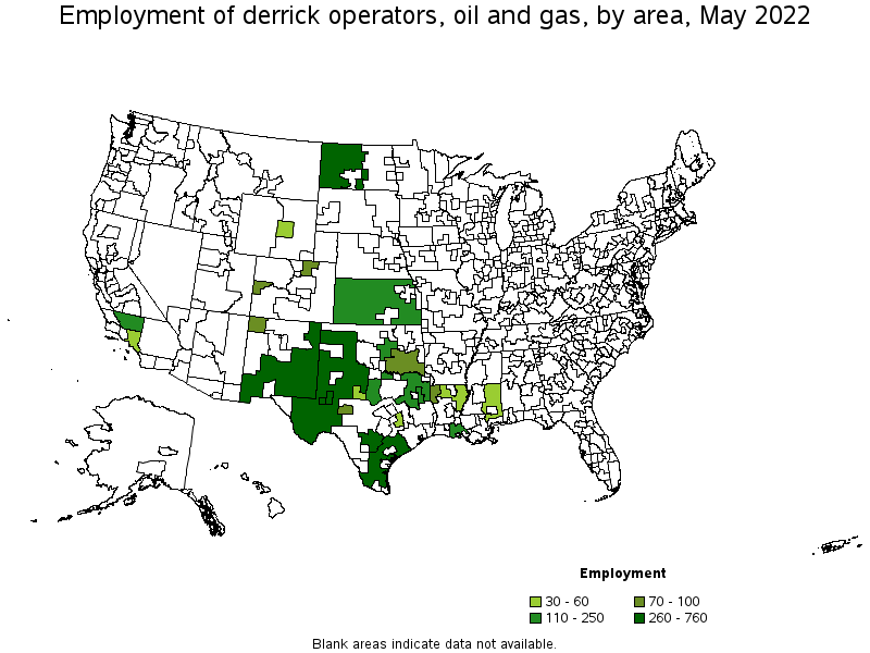 Map of employment of derrick operators, oil and gas by area, May 2022
