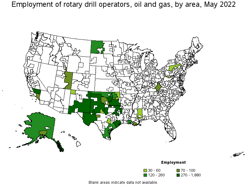 Map of employment of rotary drill operators, oil and gas by area, May 2022