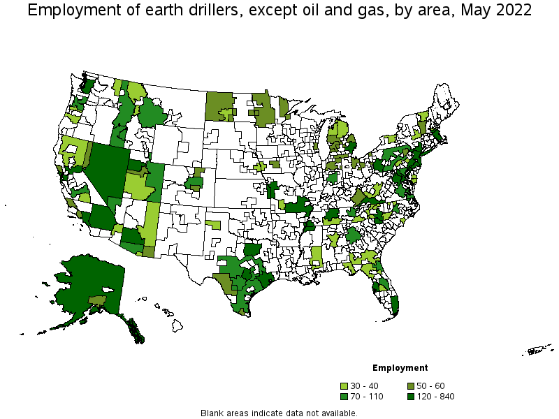 Map of employment of earth drillers, except oil and gas by area, May 2022