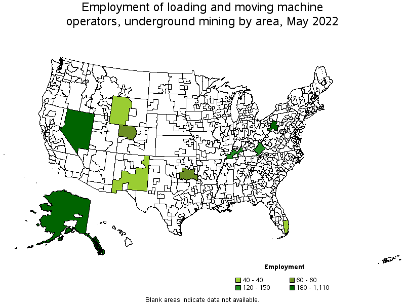 Map of employment of loading and moving machine operators, underground mining by area, May 2022