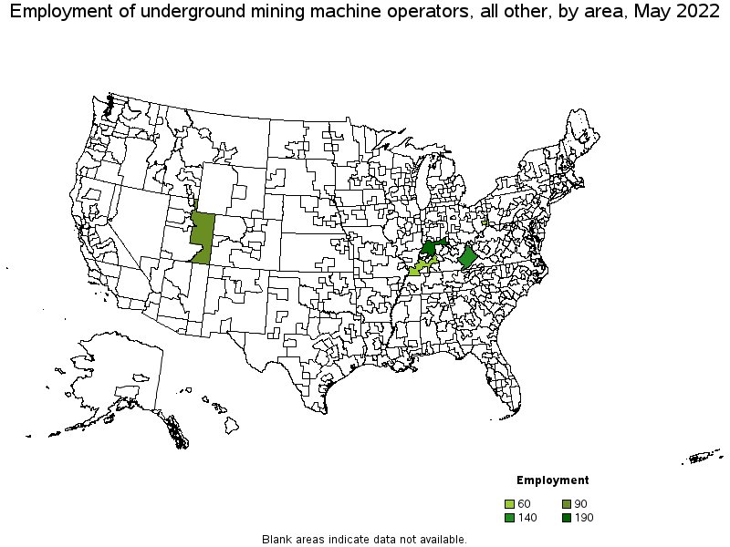 Map of employment of underground mining machine operators, all other by area, May 2022