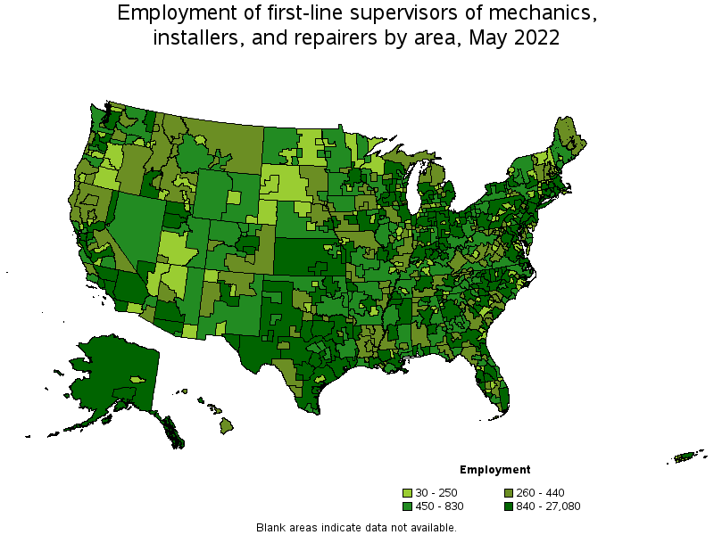 Map of employment of first-line supervisors of mechanics, installers, and repairers by area, May 2022