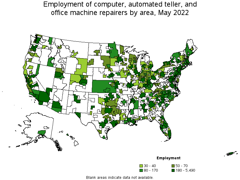 Map of employment of computer, automated teller, and office machine repairers by area, May 2022
