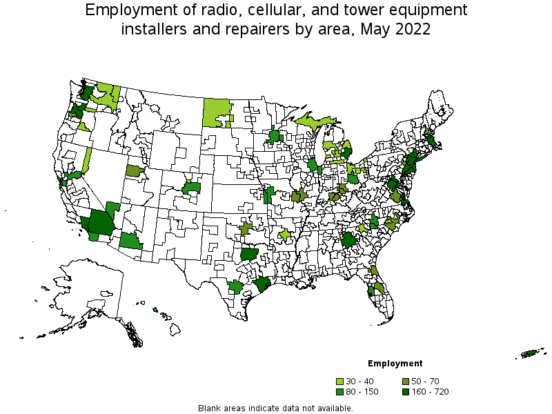 Map of employment of radio, cellular, and tower equipment installers and repairers by area, May 2022