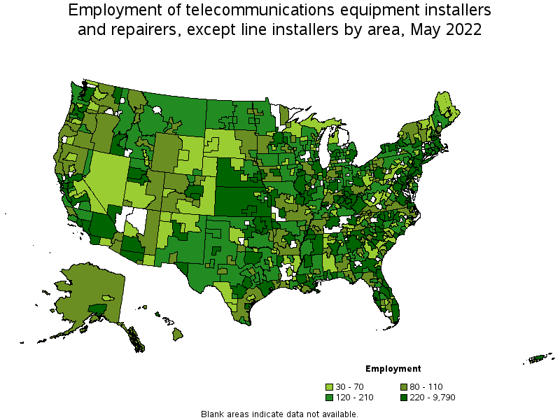 Map of employment of telecommunications equipment installers and repairers, except line installers by area, May 2022
