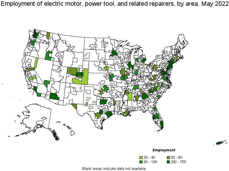 Map of employment of electric motor, power tool, and related repairers by area, May 2022