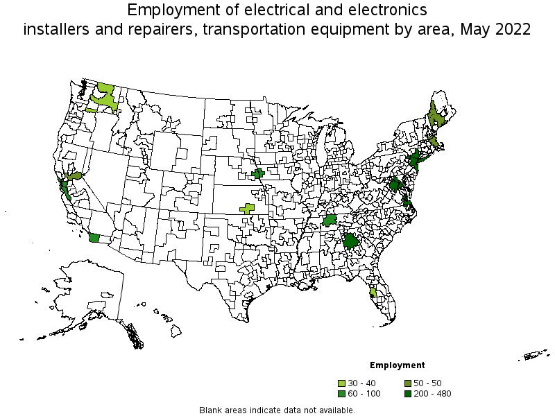 Map of employment of electrical and electronics installers and repairers, transportation equipment by area, May 2022