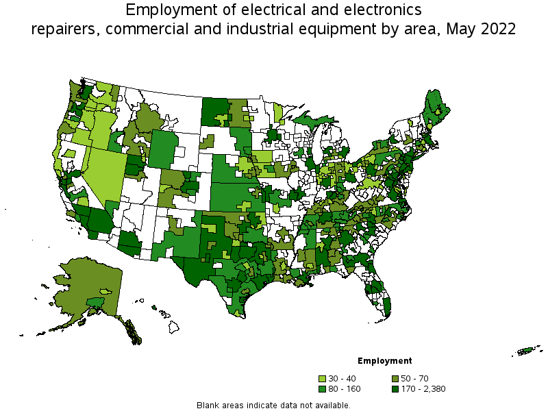 Map of employment of electrical and electronics repairers, commercial and industrial equipment by area, May 2022