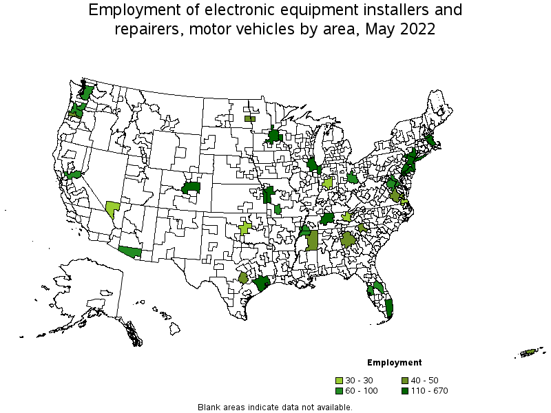 Map of employment of electronic equipment installers and repairers, motor vehicles by area, May 2022