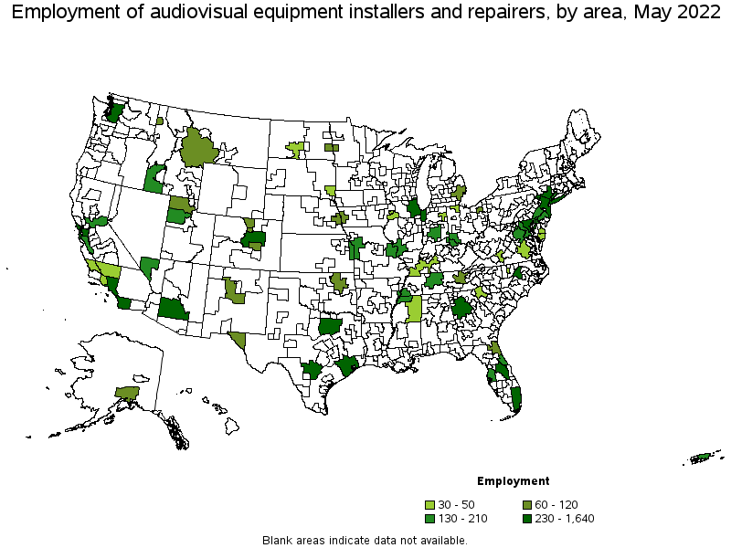Map of employment of audiovisual equipment installers and repairers by area, May 2022