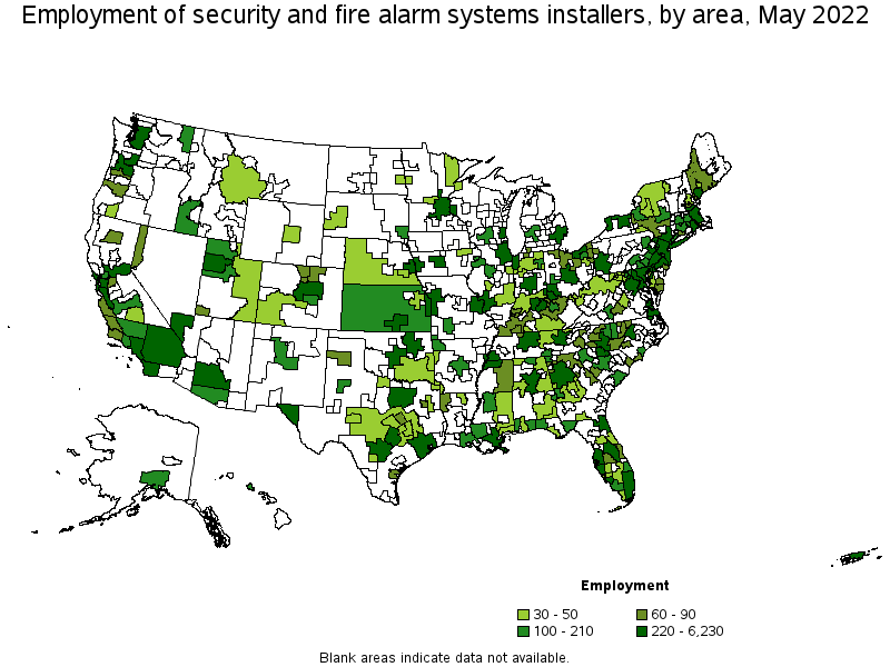 Map of employment of security and fire alarm systems installers by area, May 2022