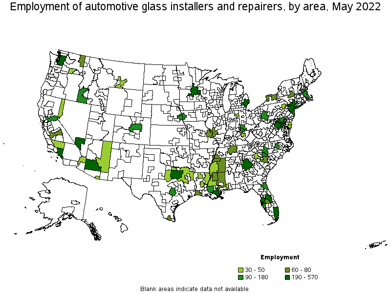 Map of employment of automotive glass installers and repairers by area, May 2022
