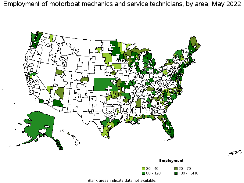 Map of employment of motorboat mechanics and service technicians by area, May 2022