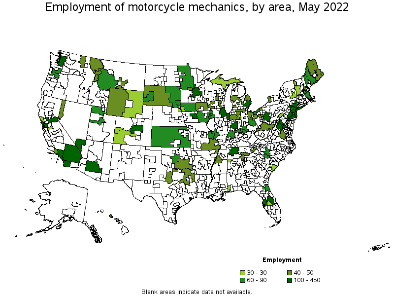 Map of employment of motorcycle mechanics by area, May 2022