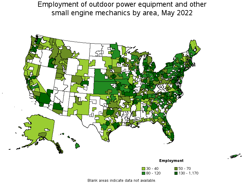 Map of employment of outdoor power equipment and other small engine mechanics by area, May 2022