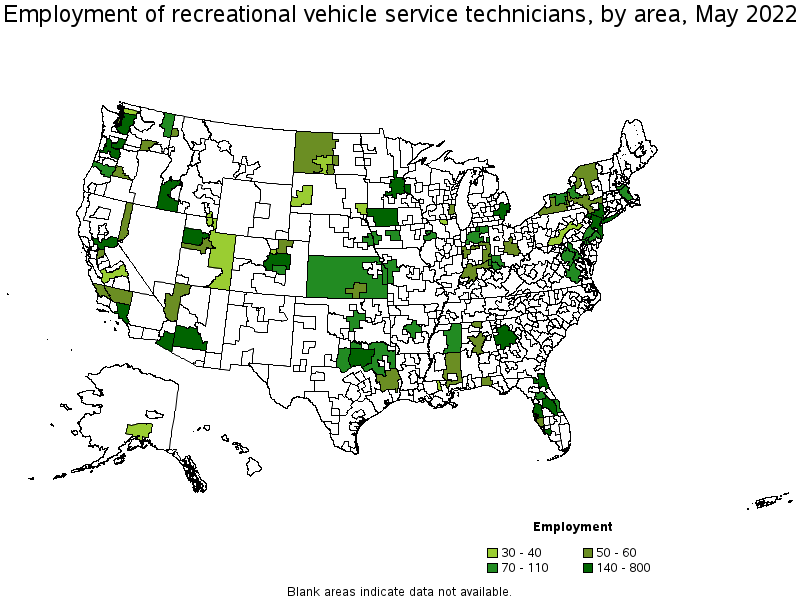 Map of employment of recreational vehicle service technicians by area, May 2022