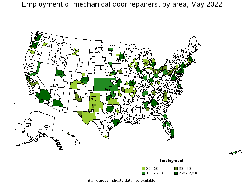 Map of employment of mechanical door repairers by area, May 2022