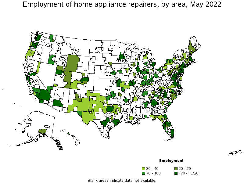 Map of employment of home appliance repairers by area, May 2022