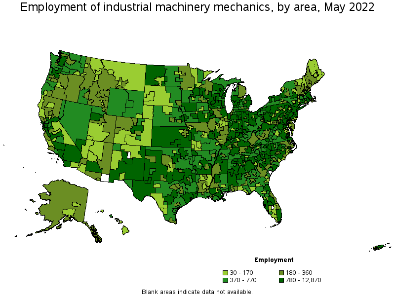 Map of employment of industrial machinery mechanics by area, May 2022