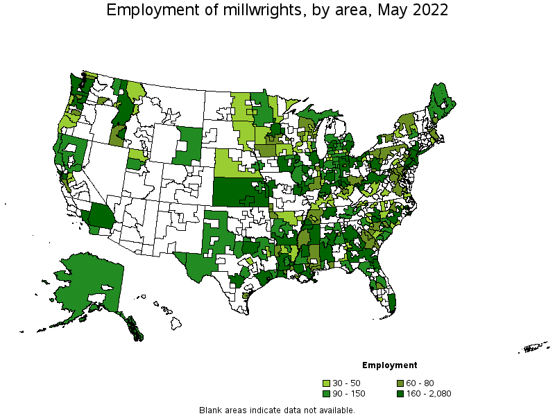 Map of employment of millwrights by area, May 2022