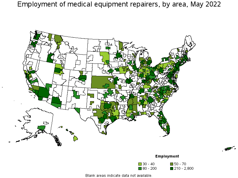 Map of employment of medical equipment repairers by area, May 2022