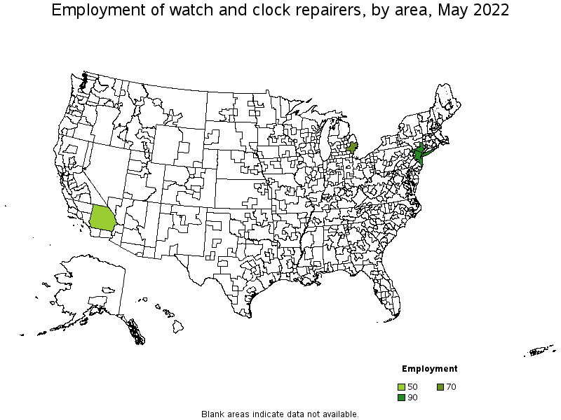 Map of employment of watch and clock repairers by area, May 2022