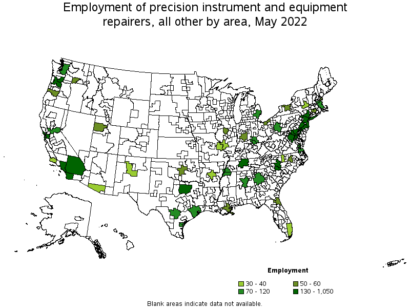 Map of employment of precision instrument and equipment repairers, all other by area, May 2022