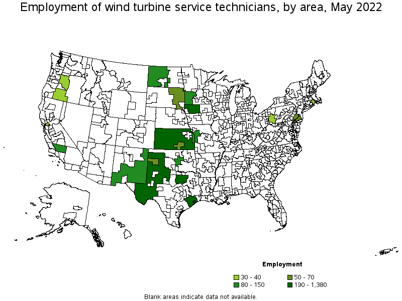 Map of employment of wind turbine service technicians by area, May 2022
