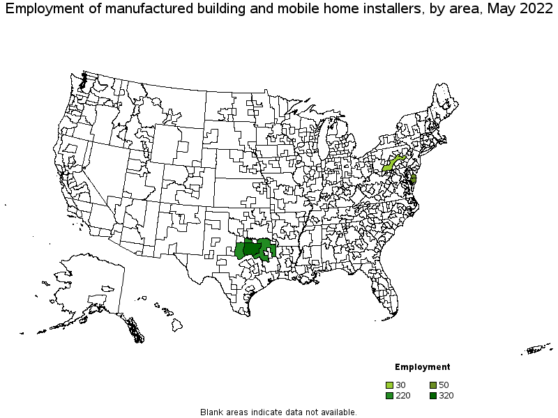 Map of employment of manufactured building and mobile home installers by area, May 2022