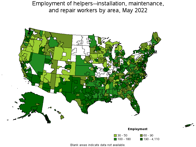 Map of employment of helpers--installation, maintenance, and repair workers by area, May 2022
