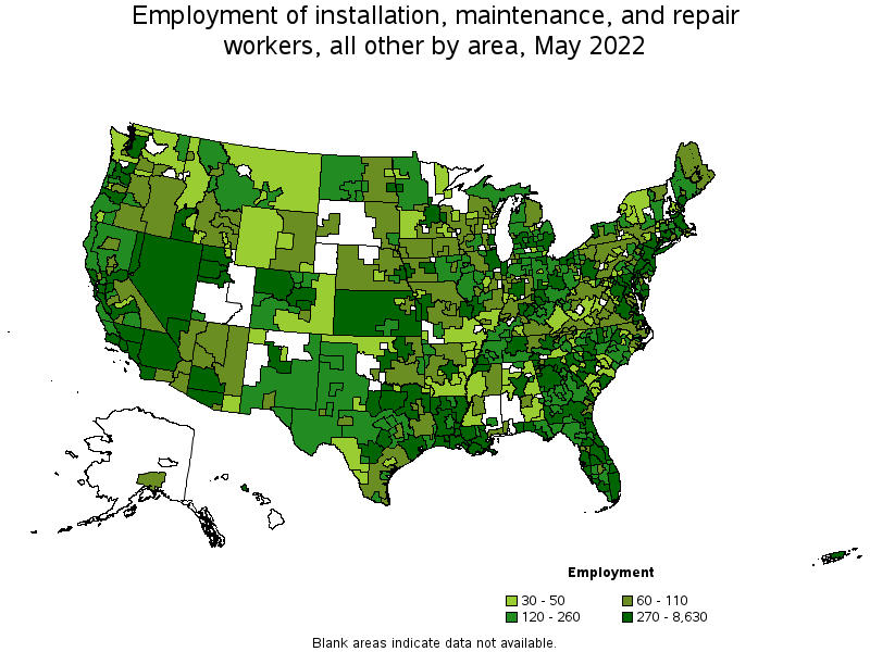 Map of employment of installation, maintenance, and repair workers, all other by area, May 2022