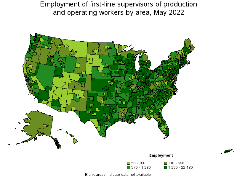 Map of employment of first-line supervisors of production and operating workers by area, May 2022