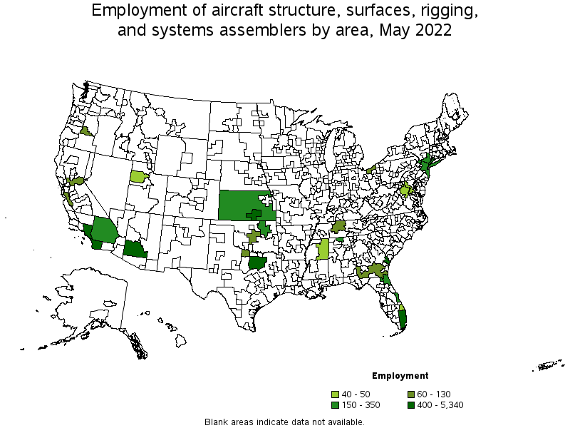 Map of employment of aircraft structure, surfaces, rigging, and systems assemblers by area, May 2022